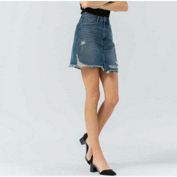 Vervet by Flying Monkey Denim Claudia Skirt Distressed Raw Hem Mini Blue  S - Picture 1 of 10